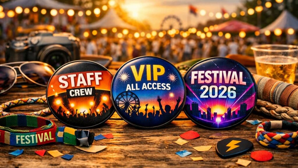 Badges personnalisés exposés sur une table lors d’un festival en plein air