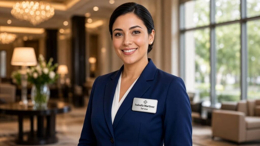 Professionnelle du service souriante portant un badge nominatif dans un hall d’hôtel