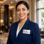 Professionnelle du service souriante portant un badge nominatif dans un hall d’hôtel