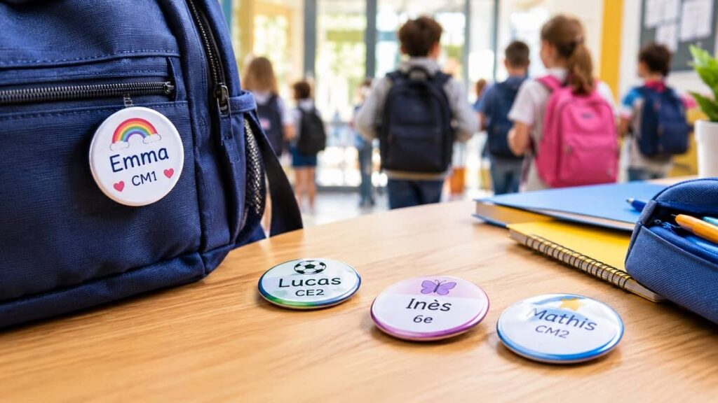 Badge scolaire personnalisé avec prénom d’élève sur un sac à dos