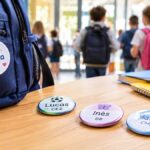 Badge scolaire personnalisé avec prénom d’élève sur un sac à dos