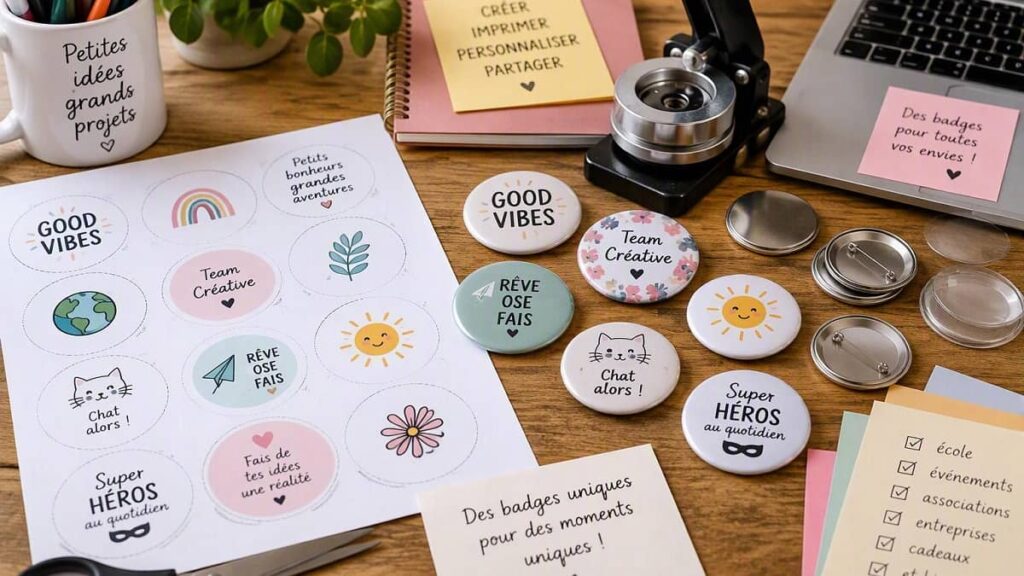 Exemples de badges personnalisés à imprimer gratuitement avec différents designs créatifs pour événements, écoles, associations et projets DIY