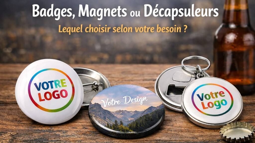 Illustration montrant un badge, un magnet et un décapsuleur personnalisés pour comparer les différents goodies.