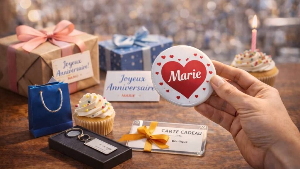 Badge personnalisé en forme de cœur présenté parmi des cadeaux et cupcakes, illustrant un cadeau original pour un anniversaire.