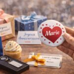 Badge personnalisé en forme de cœur présenté parmi des cadeaux et cupcakes, illustrant un cadeau original pour un anniversaire.