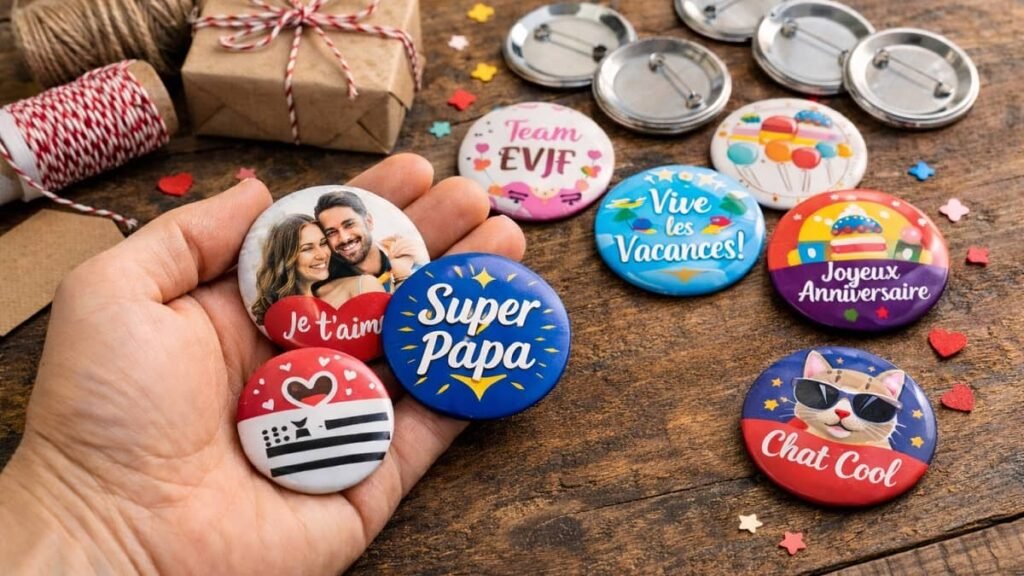 Badge personnalisé fabriqué en France, utilisé comme cadeau personnalisé pas cher.