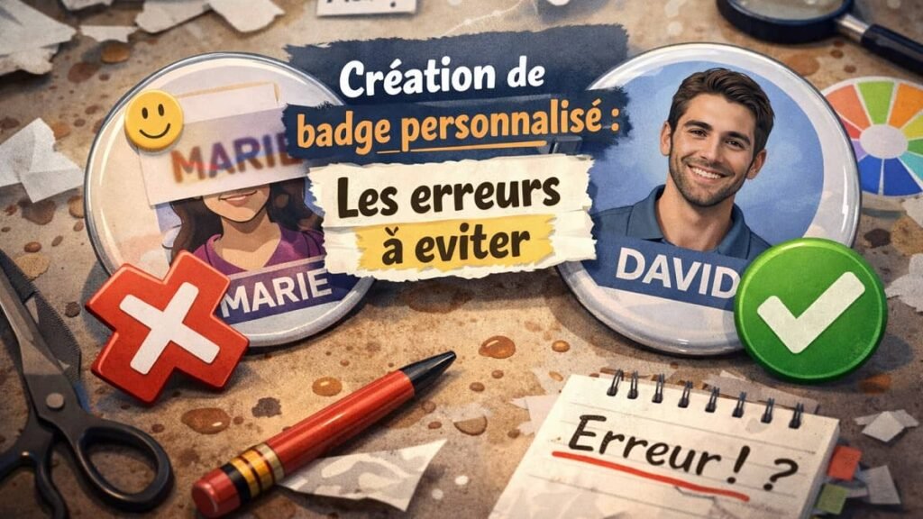 Comparaison entre un badge personnalisé réussi et un badge mal conçu pour illustrer les erreurs à éviter.