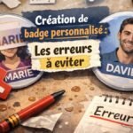 Comparaison entre un badge personnalisé réussi et un badge mal conçu pour illustrer les erreurs à éviter.