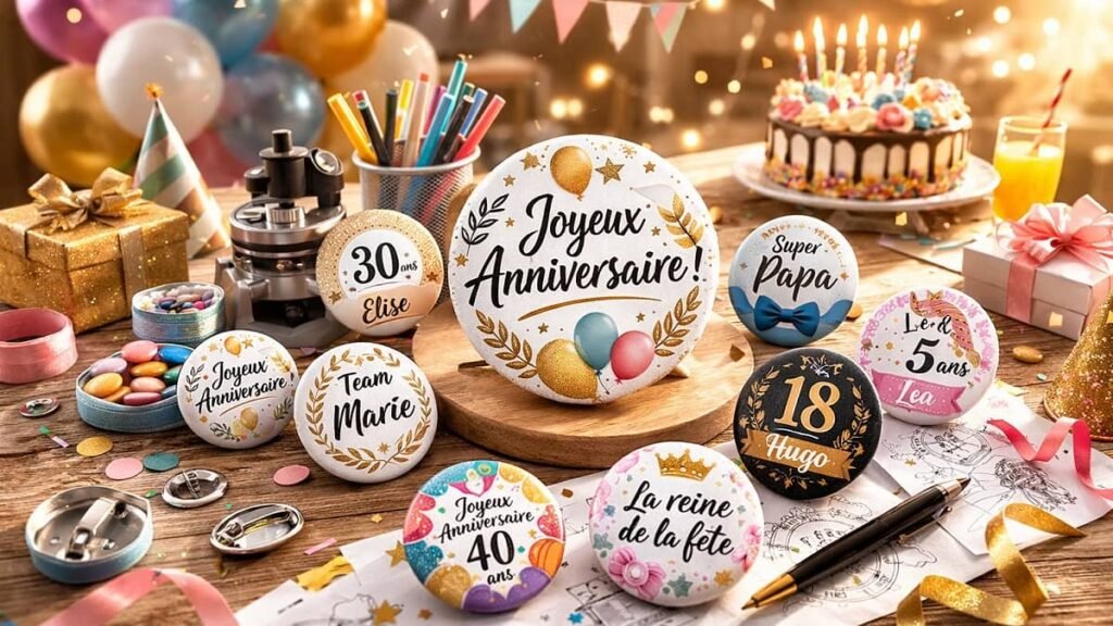 Badges personnalisés pour les anniversaires avec différents styles et formats