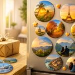 Magnets photo personnalisés ronds affichés sur un frigo, avec photos de voyage et un cadeau posé sur la table
