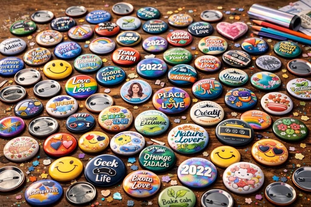 Collection de badges personnalisés colorés avec différents designs, messages et illustrations créatives.