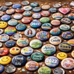 Collection de badges personnalisés colorés avec différents designs, messages et illustrations créatives.
