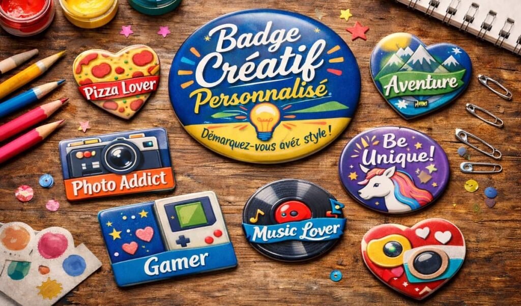 Collection de badges créatifs personnalisés sur un bureau avec outils de création et visuels originaux.