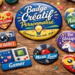 Collection de badges créatifs personnalisés sur un bureau avec outils de création et visuels originaux.