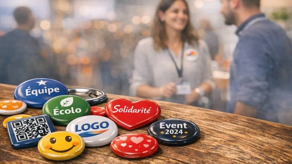 Badges promotionnels colorés sur une table lors d’un événement professionnel, illustrant la communication visuelle et l’identité de marque.