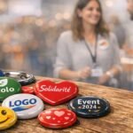Badges promotionnels colorés sur une table lors d’un événement professionnel, illustrant la communication visuelle et l’identité de marque.