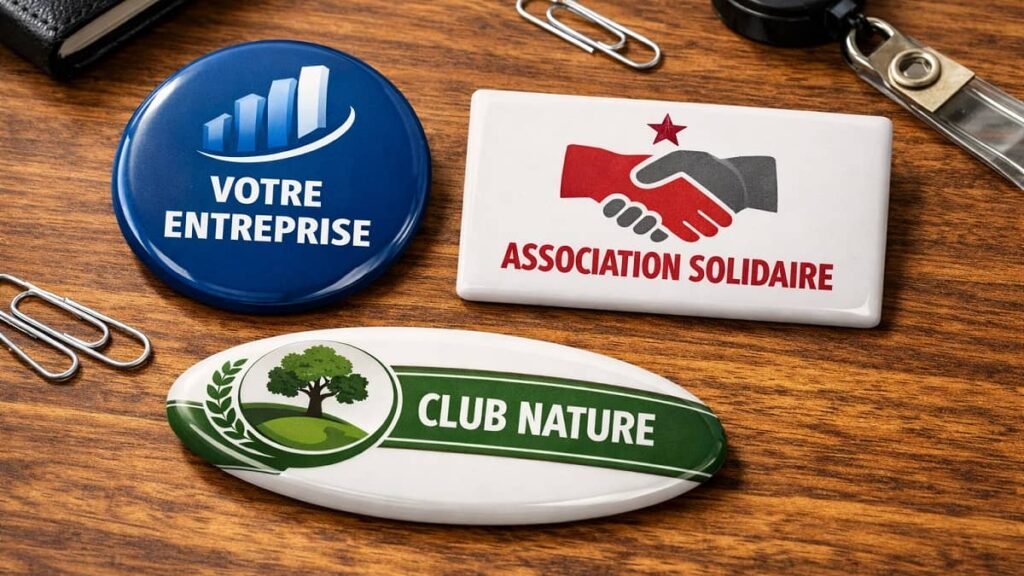 Badges institutionnels personnalisés en formes rondes, rectangulaires et ovales sur un bureau professionnel