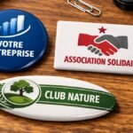 Badges institutionnels personnalisés en formes rondes, rectangulaires et ovales sur un bureau professionnel