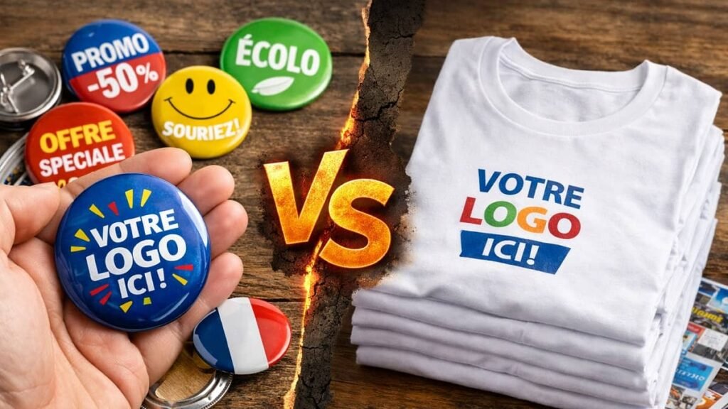 Comparaison entre badges publicitaires personnalisés et t-shirts promotionnels, illustrant leurs différences de coût, visibilité et impact.