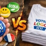 Comparaison entre badges publicitaires personnalisés et t-shirts promotionnels, illustrant leurs différences de coût, visibilité et impact.