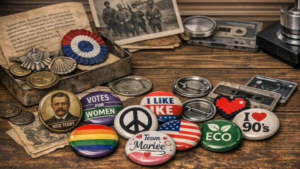 Collection de badges historiques et modernes illustrant l’évolution du badge personnalisé à travers les époques