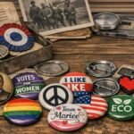 Collection de badges historiques et modernes illustrant l’évolution du badge personnalisé à travers les époques