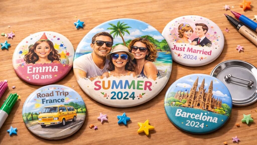Badges souvenirs personnalisés pour mariage, anniversaire, voyage, été et city trip