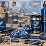 Goodies professionnels personnalisés GlobalVoyage sur le bureau d’une agence de voyage B2B, avec clé USB rectangulaire et logo.