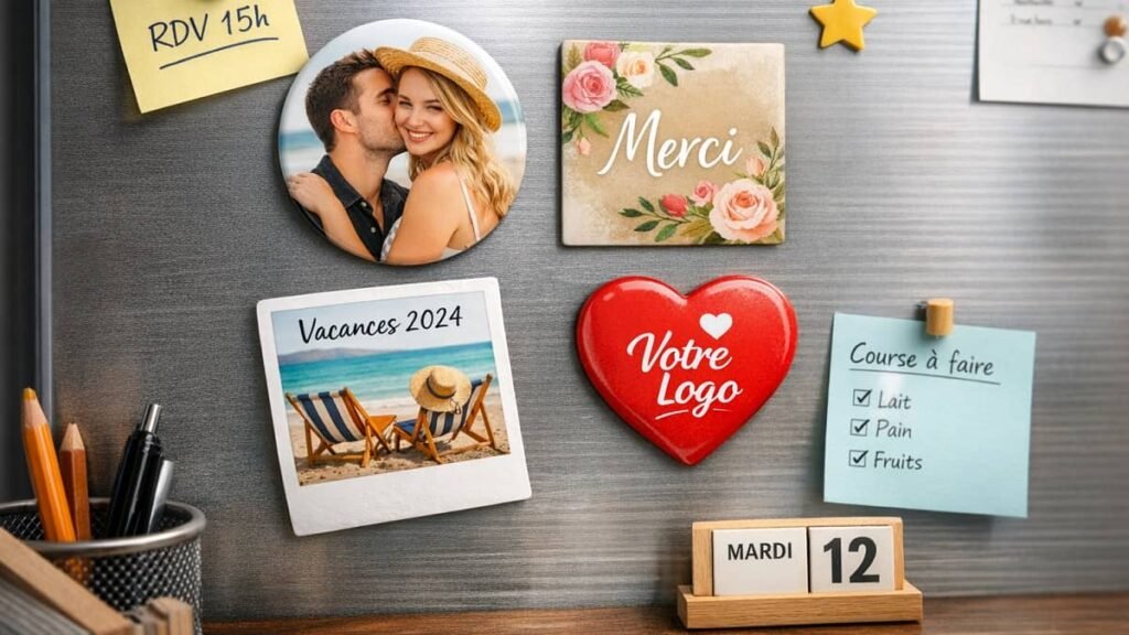 Magnets décoratifs personnalisés affichés sur un réfrigérateur avec photos, messages et logo.