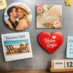 Magnets décoratifs personnalisés affichés sur un réfrigérateur avec photos, messages et logo.