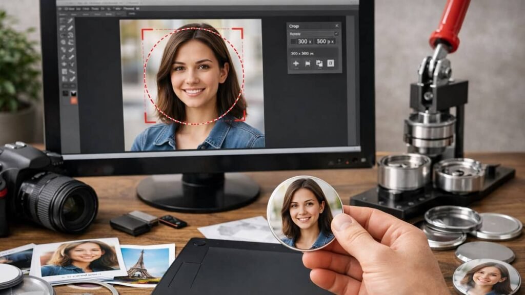 Poste de travail avec ordinateur, appareil photo et machine à badges pour la préparation d’image personnalisée