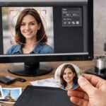 Poste de travail avec ordinateur, appareil photo et machine à badges pour la préparation d’image personnalisée