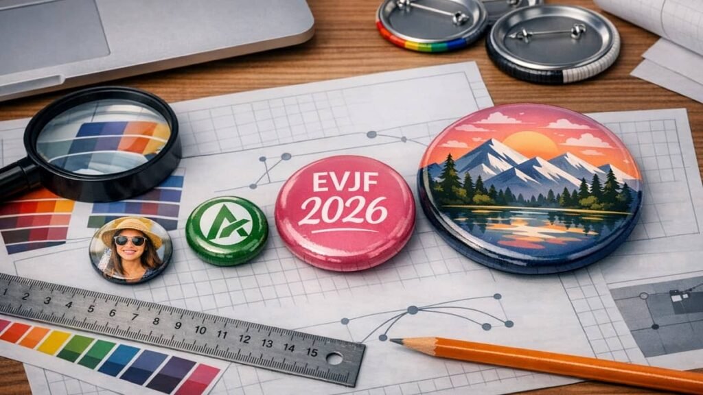 Bureau de création avec plusieurs badges de différents formats, outils graphiques, nuancier et documents techniques illustrant la résolution d'image pour badge personnalisé et les étapes de préparation avant impression.