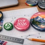 Bureau de création avec plusieurs badges de différents formats, outils graphiques, nuancier et documents techniques illustrant la résolution d'image pour badge personnalisé et les étapes de préparation avant impression.