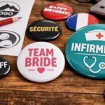 Badges personnalisés de différents formats illustrant la lisibilité, les couleurs, les contrastes et la typographie pour un design clair.