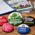 Badges associatifs personnalisés ronds disposés sur une table en bois, représentant différents rôles et causes solidaires.