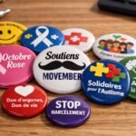 Badges de sensibilisation disposés sur un bureau représentant différentes causes : Octobre Rose, Movember, Autisme, Environnement, Don d’organes et Harcèlement.