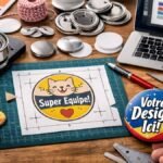 Illustration montrant la création d’un badge personnalisé directement en ligne, sans logiciel, avec ordinateur, visuels et machine à badge.
