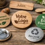 Badge écologique personnalisé en bois, carton recyclé, métal et bioplastique sur fond naturel illustrant la fabrication durable.