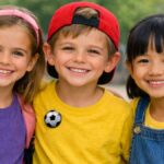 Trois enfants souriants portant chacun un petit badge personnalisé sur leurs vêtements dans une cour d’école.