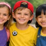 Trois enfants souriants portant chacun un petit badge personnalisé sur leurs vêtements dans une cour d’école.
