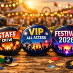 Badges personnalisés exposés sur une table lors d’un festival en plein air